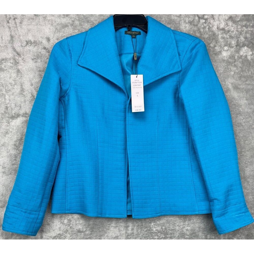 For Cynthia Women's Blue Open Front Quilted Jacket Blazer Size‎ L Cobalt Blue